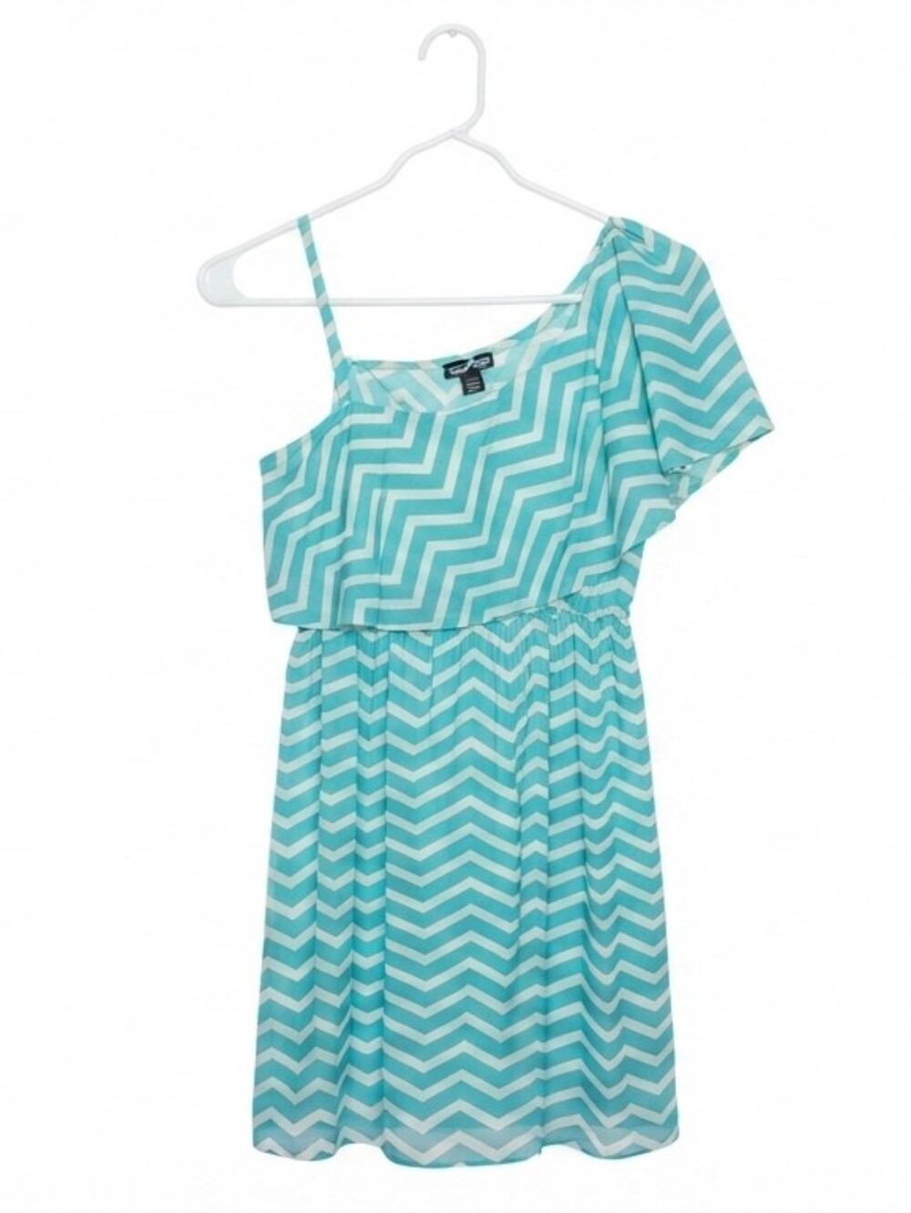 Indulge Blue and White Chevron One-Shoulder Ruffle Mini Dress Size Large